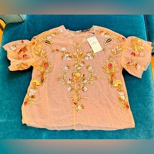 Zara Sheer Pink Tulle Floral Embroidered Blouse